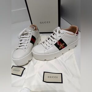 Gucci Women's Ace Web Platform Sneakers Leather Green, Red, White